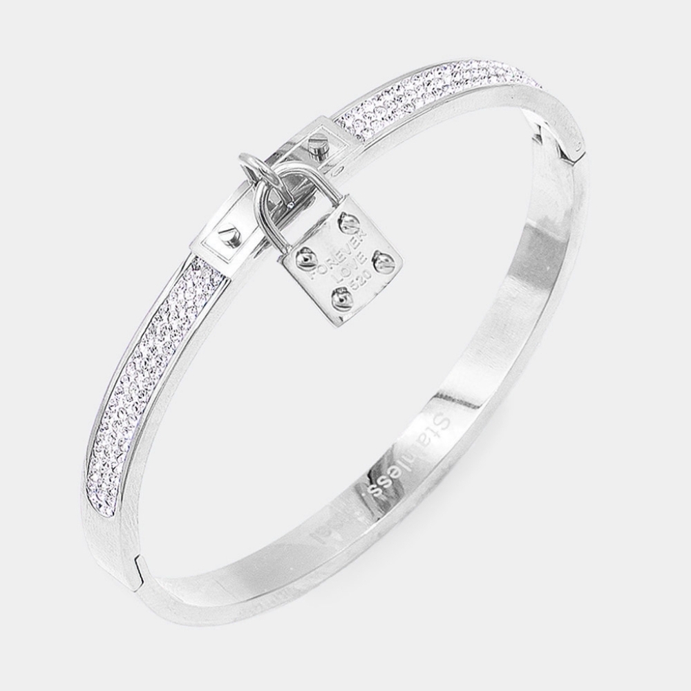 Silver Stainless Steel Metal Lock FOREVER LOVE Crystal Bangle Evening Bracelet